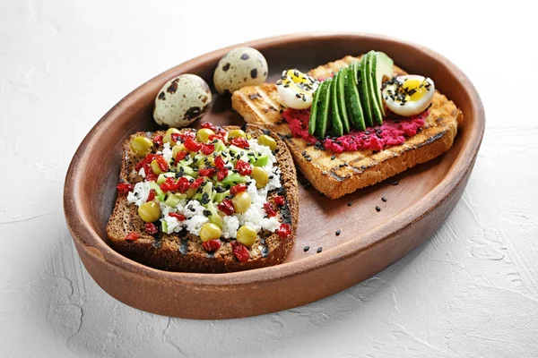 Plate Tasty Toasts Light Background — Stock Photo, Image