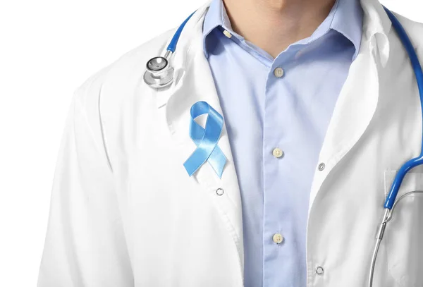 Doctor Symbolic Blue Ribbon White Background Closeup Prostate Cancer Concept — Stock Photo, Image