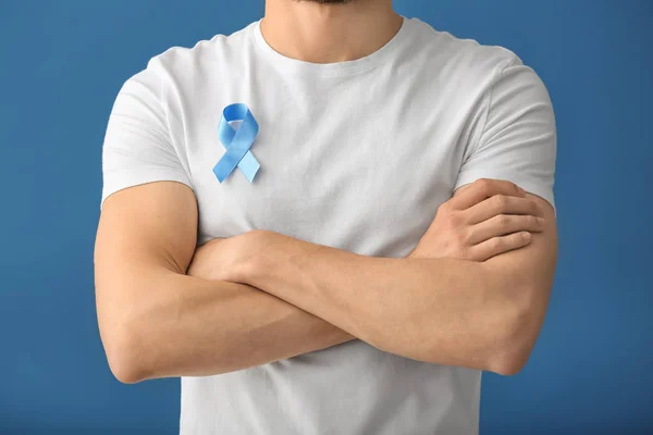Man Symbolic Blue Ribbon Color Background Prostate Cancer Concept — Stock Photo, Image