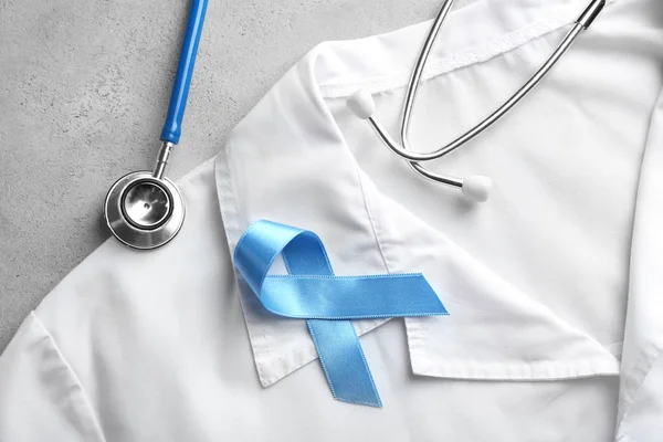 Blue Ribbon Stethoscope White Coat Light Background Closeup Prostate Cancer — Stock Photo, Image