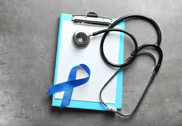 Blue Ribbon Stethoscope Clipboard Grey Background Prostate Cancer Concept — Stock Photo, Image