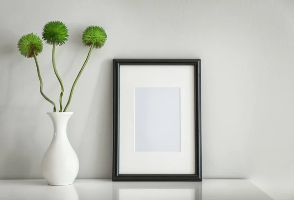Photo Frame Vase White Table Light Background — Stock Photo, Image