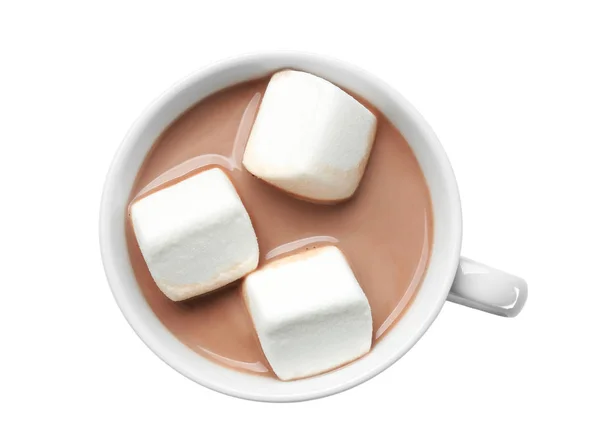 Copo Com Bebida Cacau Quente Marshmallows Fundo Branco — Fotografia de Stock