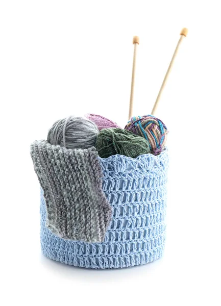 Basket Knitting Yarn Needles White Background — Stock Photo, Image