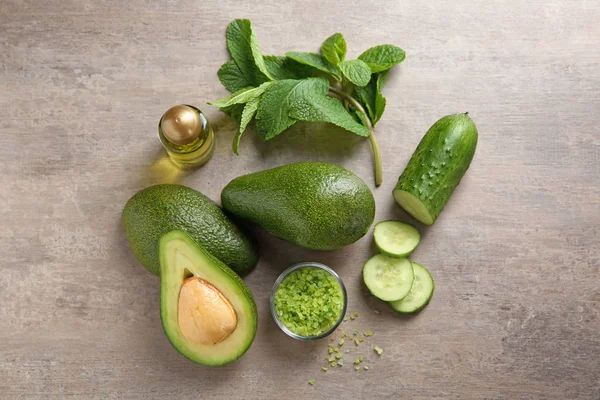 Avocado Ingredients Natural Homemade Cosmetics Grey Background — Stock Photo, Image