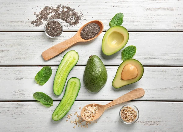 Avocado Ingredients Natural Homemade Cosmetics Wooden Background — Stock Photo, Image