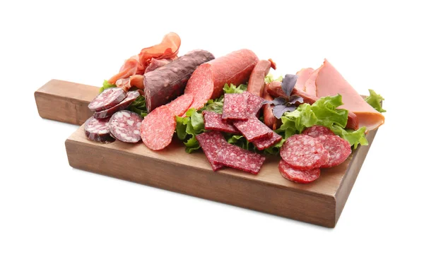 Assortment Delicious Deli Meats Wooden Board Isolated White — Stock Photo, Image