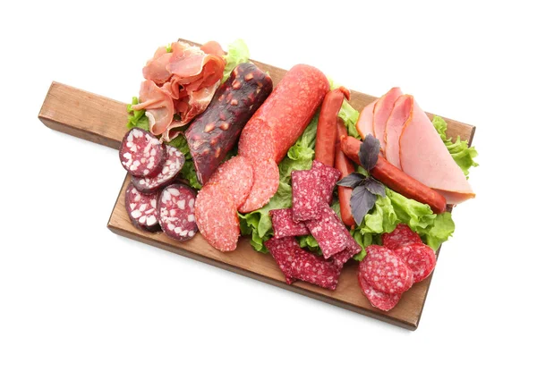 Assortment of delicious deli meats on wooden board, isolated on white