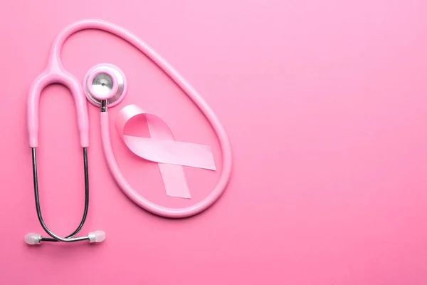 Nastro Rosa Stetoscopio Sfondo Colori Concetto Sensibilizzazione Sul Cancro Seno — Foto Stock