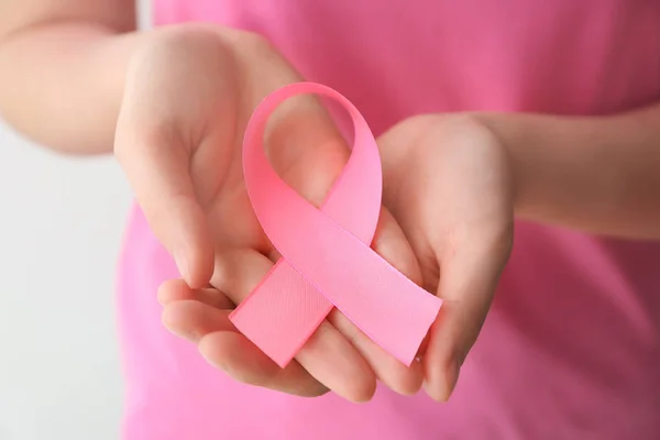 Woman Holding Pink Ribbon Closeup Breast Cancer Awareness Concept — Stock Photo, Image