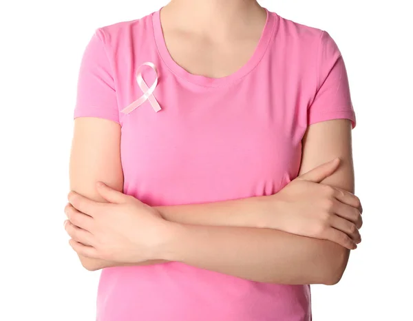 Kobieta Różową Wstążką Shirt Białym Tle Koncepcja Świadomości Raka Piersi — Zdjęcie stockowe