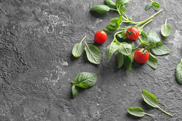 Fresh basil and tomatoes on textured background