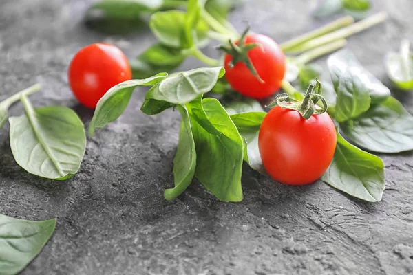 Albahaca Fresca Tomates Sobre Fondo Texturizado Primer Plano — Foto de Stock