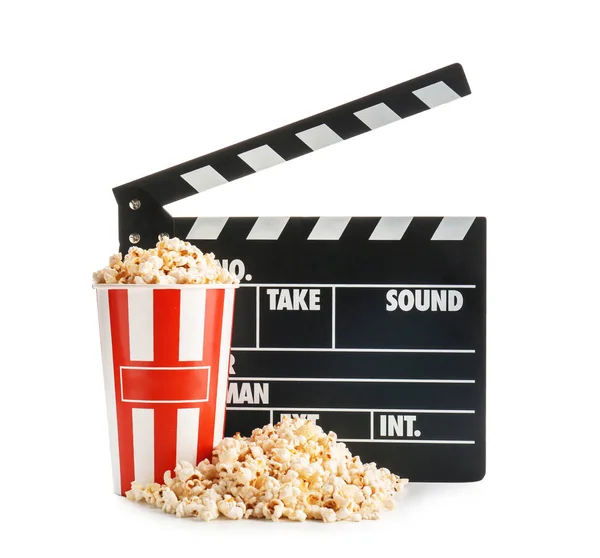 Cup Met Lekkere Popcorn Filmklapper Witte Achtergrond — Stockfoto
