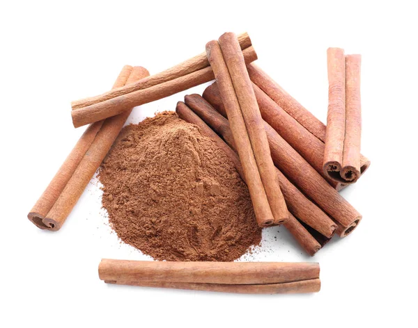 Aromatic Cinnamon Sticks Powder White Background — Stock Photo, Image