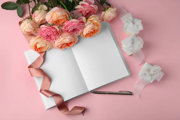 Composition Beautiful Flowers Notebook Color Background — Stock Photo, Image