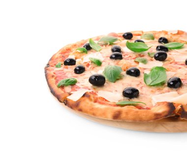 Beyaz arka planda, closeup lezzetli pizza ile Yönetim Kurulu