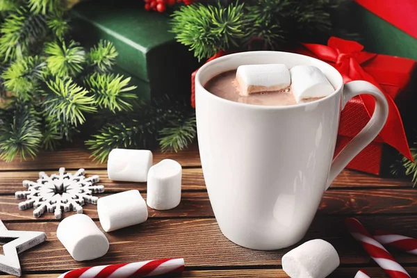 Cup Hot Cocoa Marshmallows Christmas Decorations Wooden Table — Stock Photo, Image