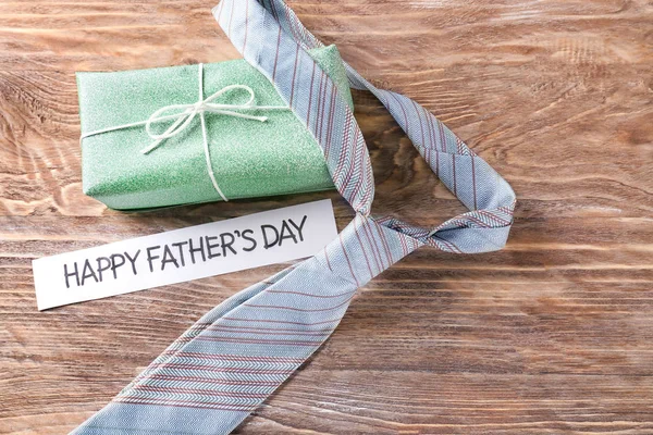 Neck Tie Gift Box Happy Father Day Wooden Background — Stock Photo, Image