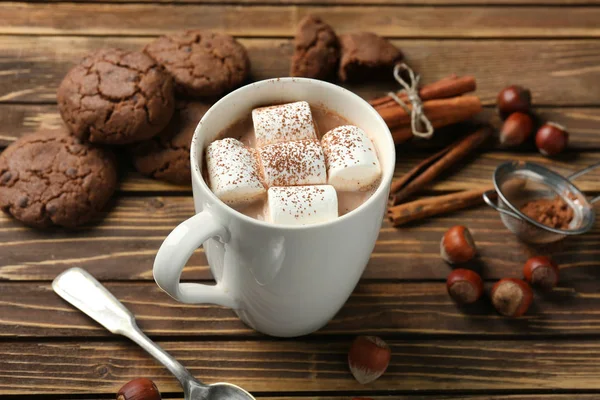 Cup Delicious Hot Cocoa Marshmallows Wooden Background — Stock Photo, Image