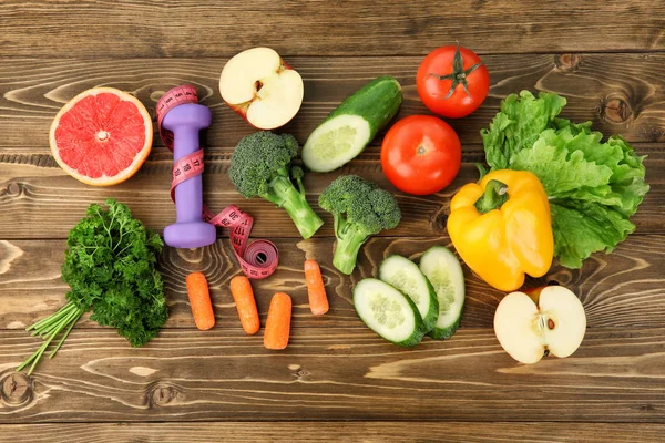 Flat Lay Composition Fresh Vegetables Fruits Dumbbell Wooden Background Diet — Stock Photo, Image