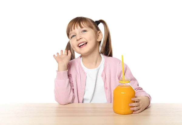 Nettes Kleines Mädchen Mit Zitrussaft Sitzt Tisch Vor Weißem Hintergrund — Stockfoto