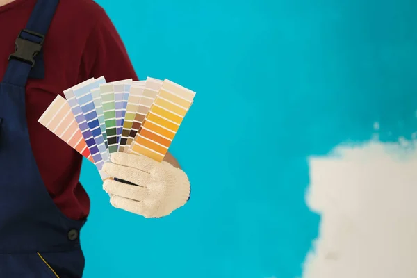 Male Painter Uniform Color Palette Samples Colorful Background — Stock Photo, Image