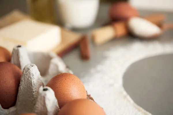 Pakket Met Eieren Tafel Bakkerij Workshop — Stockfoto