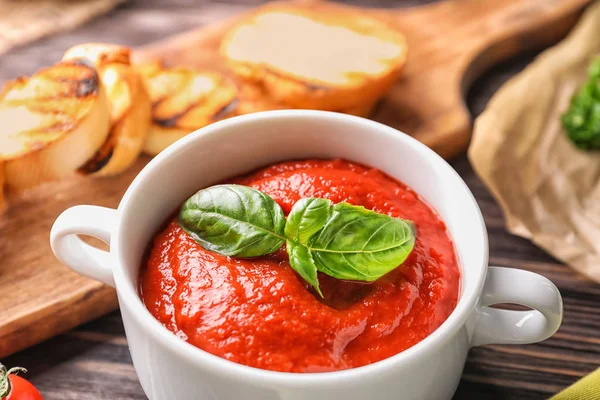 Tureen Tasty Tomato Sauce Table Closeup — Stock Photo, Image