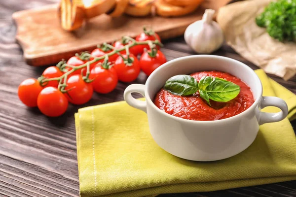 Tureen Tasty Tomato Sauce Wooden Table — Stock Photo, Image