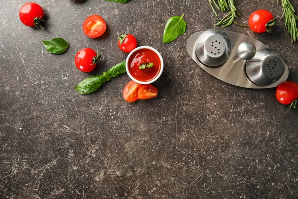 Composition Tasty Tomato Sauce Grey Background — Stock Photo, Image