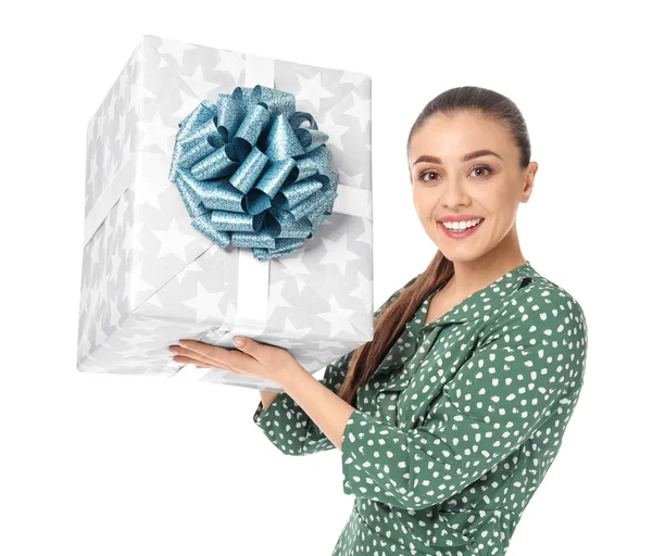 Beautiful Young Woman Big Gift Box White Background — Stock Photo, Image