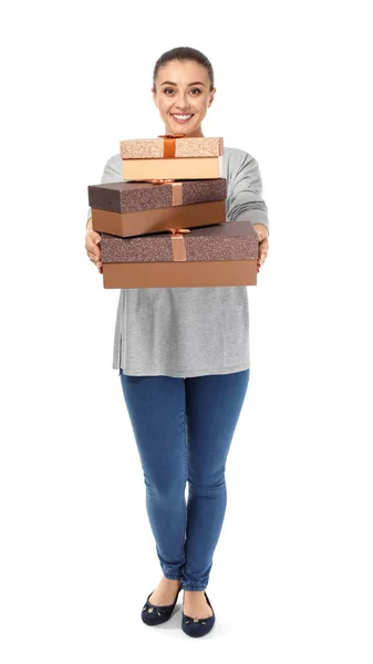 Mooie Jonge Vrouw Met Geschenkdozen Witte Achtergrond — Stockfoto