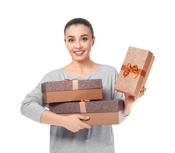 Beautiful Young Woman Gift Boxes White Background — Stock Photo, Image