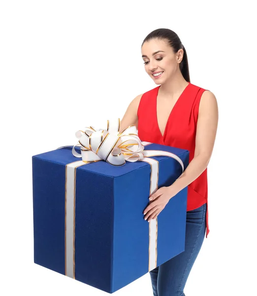 Beautiful Young Woman Big Gift Box White Background — Stock Photo, Image