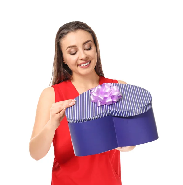 Beautiful Young Woman Gift Box White Background — Stock Photo, Image