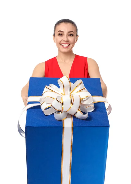 Beautiful Young Woman Big Gift Box White Background — Stock Photo, Image