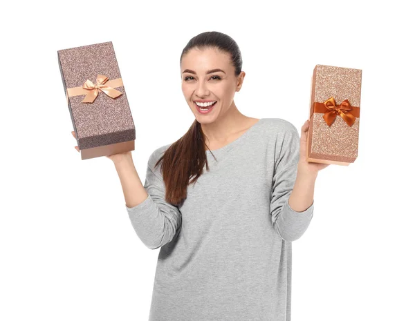Beautiful Young Woman Gift Boxes White Background — Stock Photo, Image
