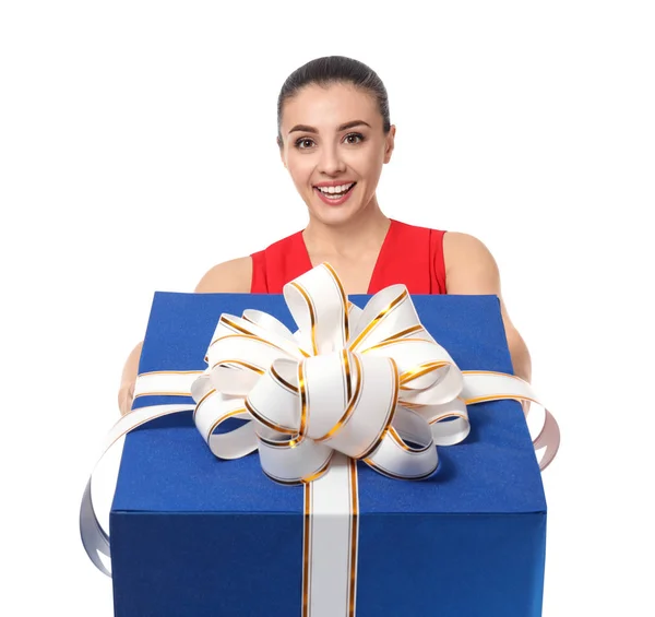 Beautiful Young Woman Big Gift Box White Background — Stock Photo, Image