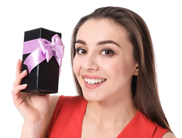 Beautiful Young Woman Gift Box White Background — Stock Photo, Image