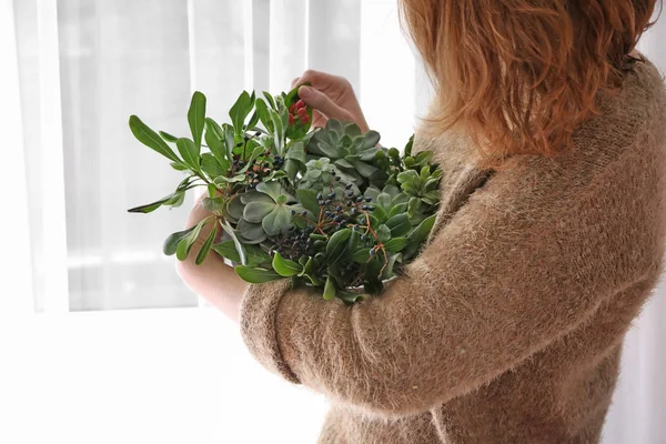 Woman Holding Creative Flower Bouquet Succulents Gift Window — Stock Photo, Image