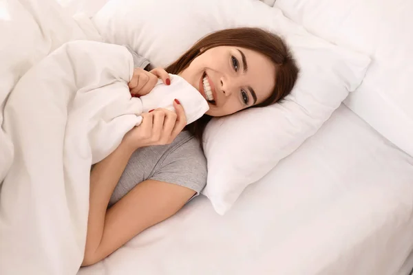 Morning Beautiful Young Woman Lying Bed — Stock Photo, Image