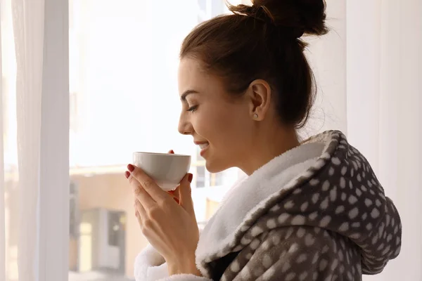 Morning Beautiful Young Woman Drinking Coffee Home — Stock Photo, Image