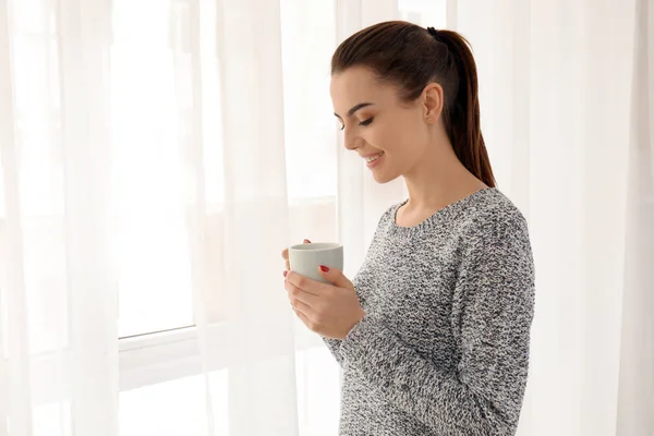 Morning Beautiful Young Woman Drinking Coffee Home — Stock Photo, Image