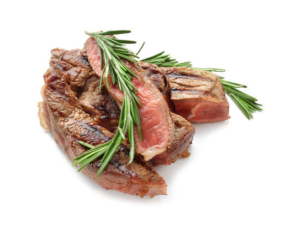 Delicious grilled meat with rosemary on white background