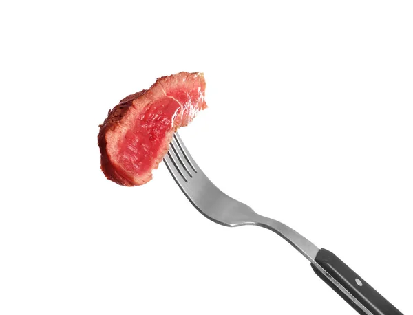 Vork Met Stuk Gekookt Vlees Witte Achtergrond — Stockfoto