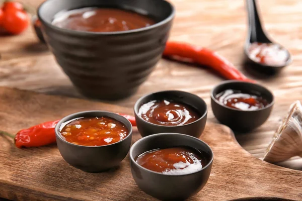 Bowls Barbecue Sauce Wooden Board — Stock Photo, Image