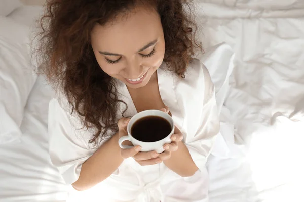 Morning Beautiful African American Woman Drinking Coffee Home — Stock Photo, Image