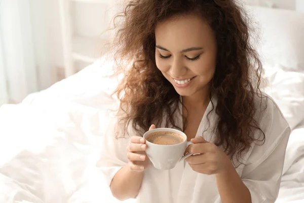 Morning Beautiful African American Woman Drinking Coffee Home — Stock Photo, Image