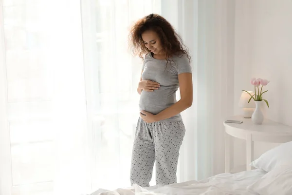 Morning Beautiful Pregnant African American Woman Bedroom — Stock Photo, Image